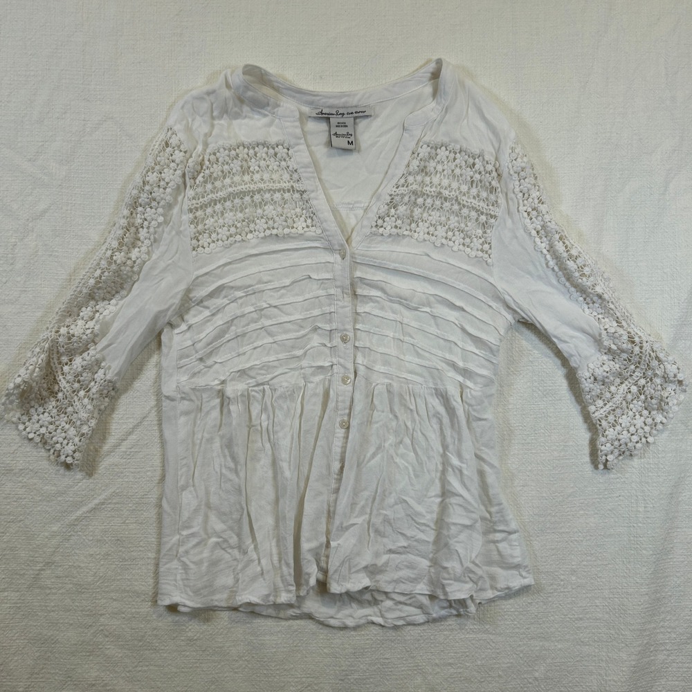 American Rag Cie White Crochet Lace Pintuck Boho Blouse 3/4 Sleeve Medium